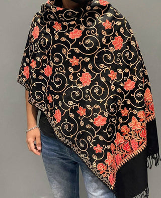 Men's Punjabi Style Shawl Royal Bael Black With Red Flowers - urbantheka