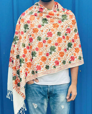 Men's Punjab Style Shawl White Floral - urbantheka