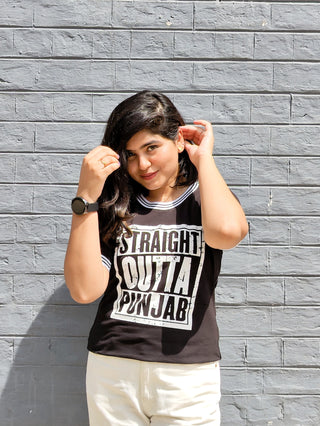 Straight Outta Punjab B/W Rib Girls T-shirt